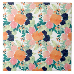 Elegant Pink Blue & Orange Floral Watercolor paint Tile