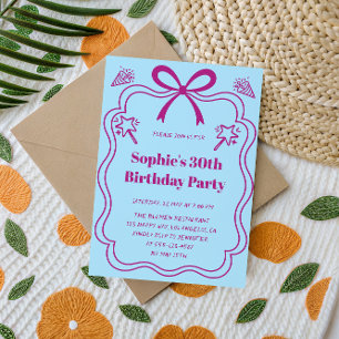 Elegant Pink & Blue Ribbon Frame Birthday Party Invitation