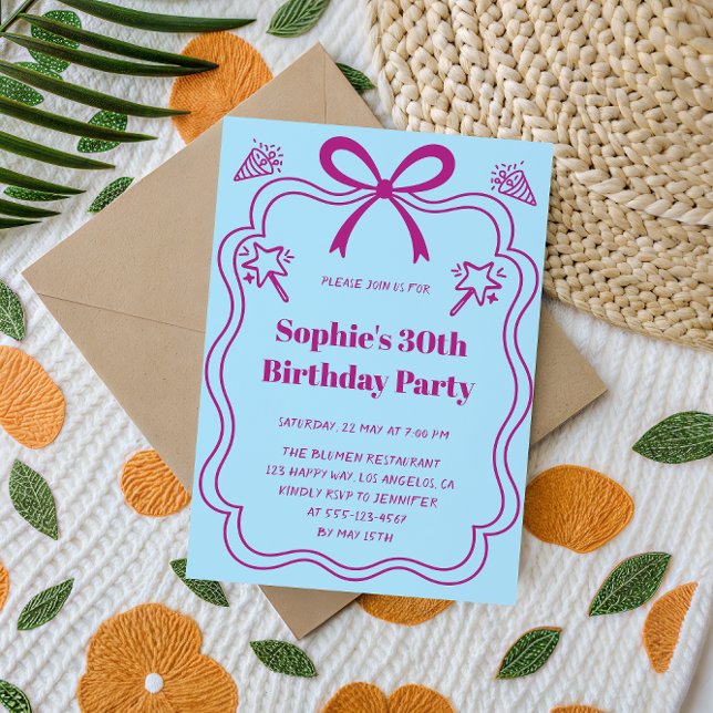 Elegant Pink & Blue Ribbon Frame Birthday Party Invitation (Creator Uploaded)