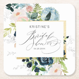 Elegant Pink Blue Rose Watercolor Bridal Shower Square Paper Coaster