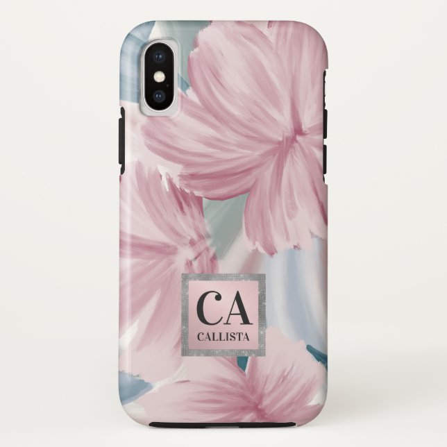 Elegant Pink Blue Silver Floral Glitter Monogram Case-Mate iPhone Case (Back)
