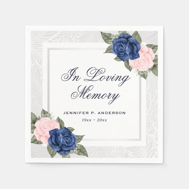 Elegant Pink Blue Silver Floral Memorial Funeral Napkin (Front)