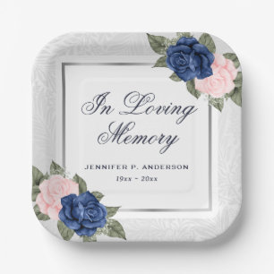 Elegant Pink Blue Silver Floral Memorial Funeral Paper Plate