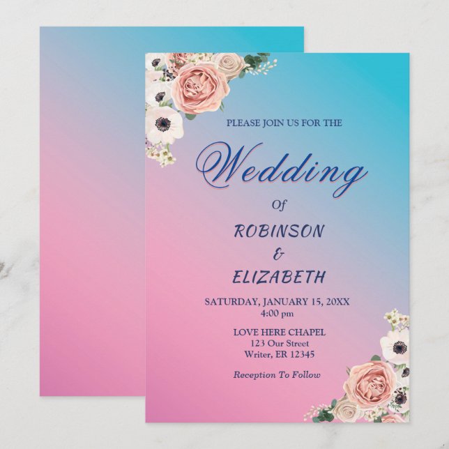 Elegant Pink Blue Watercolor Flora Wedding Custom Invitation (Front/Back)
