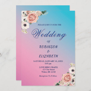 Elegant Pink Blue Watercolor Flora Wedding Custom Invitation