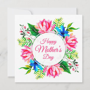 Elegant Pink Blue Watercolor Happy Mother's Day Holiday Card