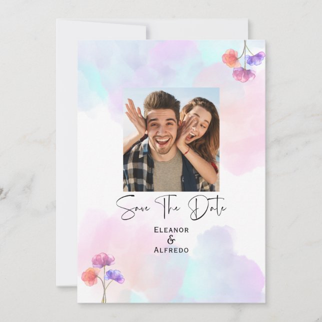 Elegant Pink & Blue Watercolor Wedding Invitations (Front)