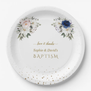 Elegant Pink Blue White Flowers Twins Baptism Paper Plate