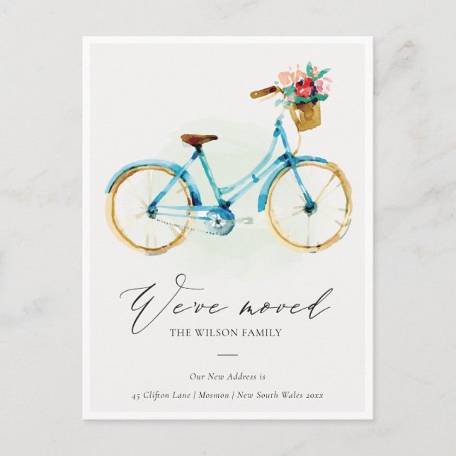 Elegant Pink Blue Yellow Floral Bike We have Moved Postcard (Front)
