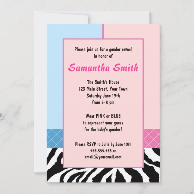 Elegant Pink Blue Zebra Gender Reveal Party Invite (Front)