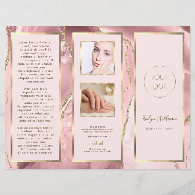 Elegant Pink Blush and Gold Agate Brochure (Front)