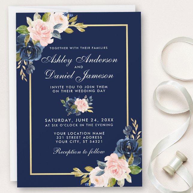 Elegant Pink Blush Blue Floral Wedding Gold Frame Invitation (Customize to change text size, style or color of back of card.)