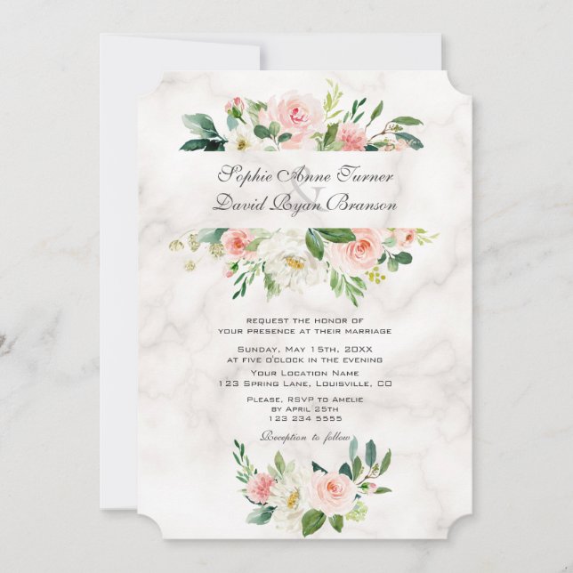 Elegant Pink Blush Cream Flowers Marble Wedding Invitation (Front)