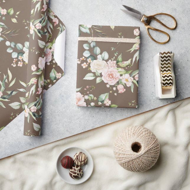 Elegant Pink Blush Eucalyptus Brown Wrapping Paper (Crafts)