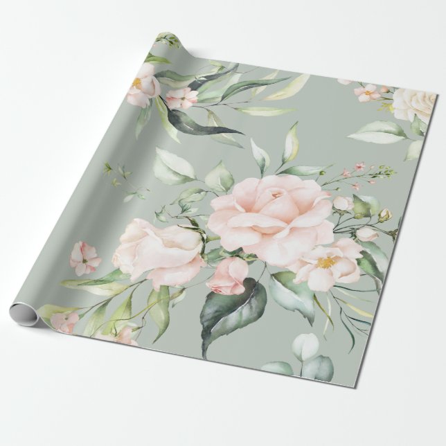 Elegant Pink Blush Eucalyptus Green Wrapping Paper (Unrolled)