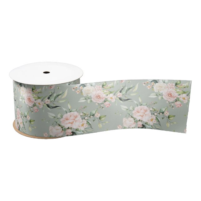 Elegant pink Blush Eucalyptus Sage Green Wedding Satin Ribbon (Spool)