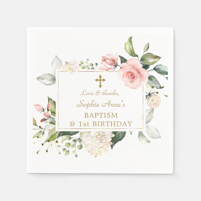 Elegant Pink Blush Floral 1st Birthday Baptism Napkin (Front)