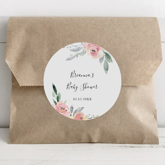 Elegant Pink Blush Floral Baby Shower Favour Classic Round Sticker (Creator Uploaded)