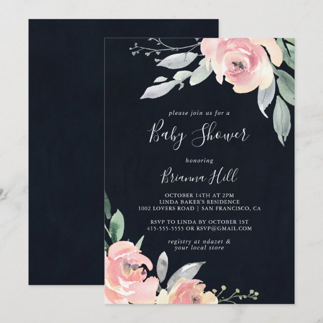 Elegant Pink Blush Floral Baby Shower Invitation (Front/Back)
