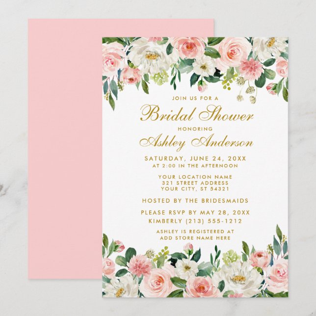 Elegant Pink Blush Floral Bridal Shower Invitation (Front/Back)