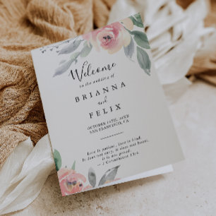 Elegant Pink Blush Floral Folded Wedding Programme
