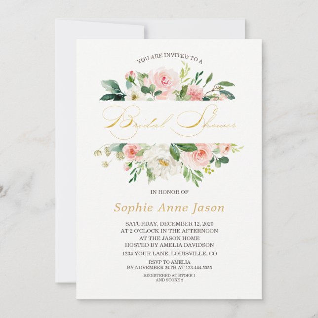 Elegant Pink Blush Floral Frame Gold Bridal Shower Invitation (Front)