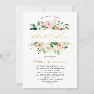 Elegant Pink Blush Floral Frame Gold Bridal Shower Invitation