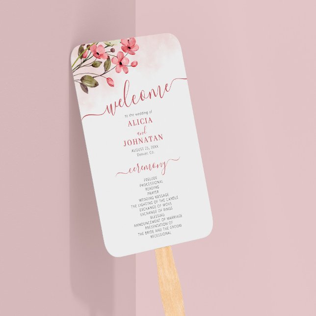 Elegant pink blush floral garden wedding program hand fan (Creator Uploaded)