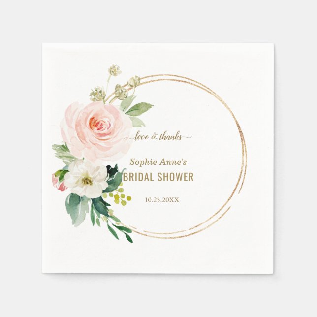 Elegant Pink Blush Floral Gold Bridal Shower Napkin (Front)