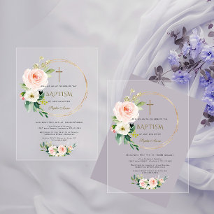 Elegant Pink Blush Floral Gold Cross Baptism Acrylic Invitations