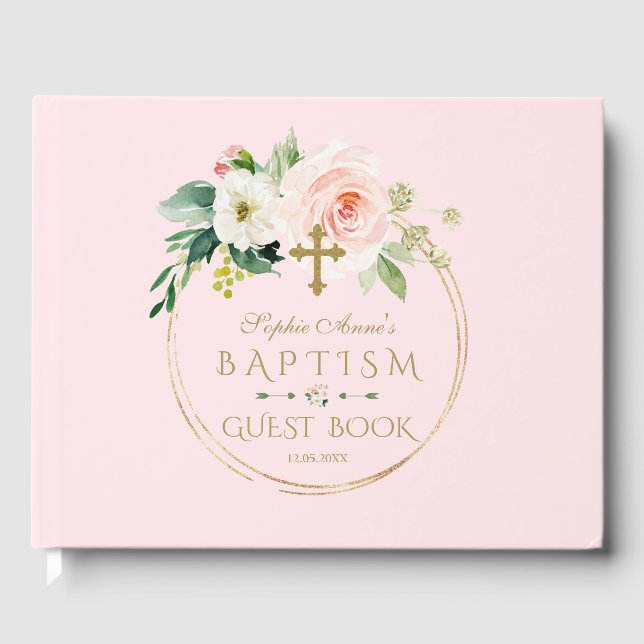 Elegant Pink Blush Floral Gold Cross Baptism Guest Book (Front)
