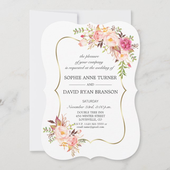 Elegant Pink Blush Floral Gold Frame Wedding Invitation (Front)
