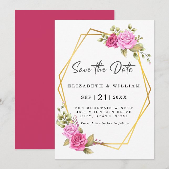 Elegant Pink Blush Floral Gold Geometric Save The Date (Front/Back)
