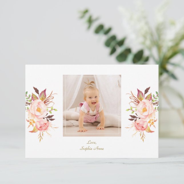 Elegant Pink Blush Floral Gold Girl Photo Baptism  Thank You Card (Standing Front)