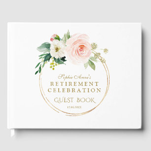 Elegant Pink Blush Floral Gold Retirement Party Guest Book