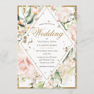 Elegant Pink Blush Floral Gold Rustic Wedding Invitation