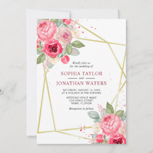 Elegant Pink Blush Floral Golden Geometry Wedding Invitation