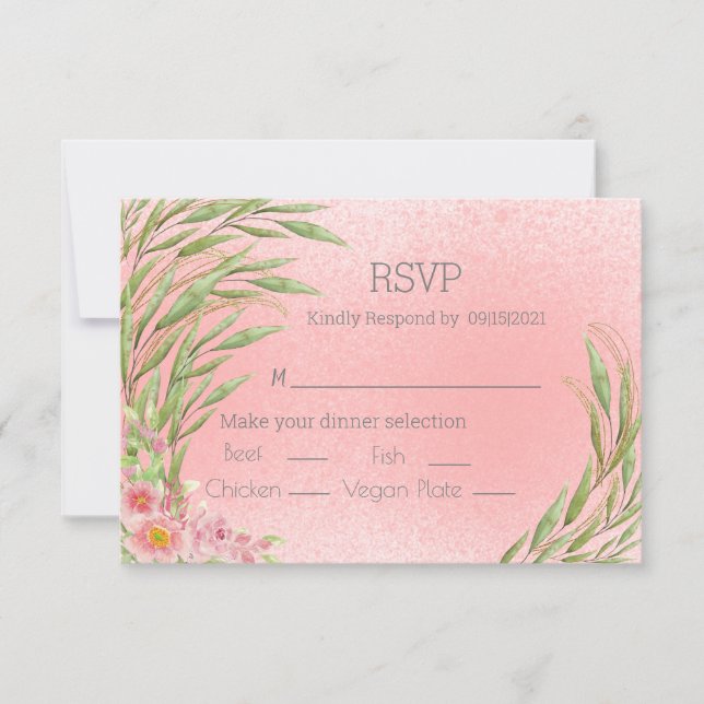 Elegant Pink Blush Floral Greenery Watercolor RSVP (Front)