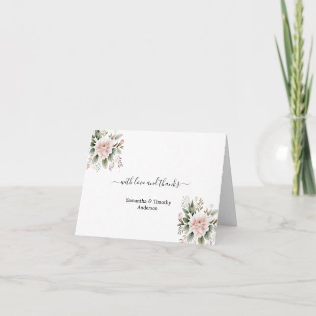 Elegant Pink Blush Floral Greenery Wedding  Thank You Card (Front)
