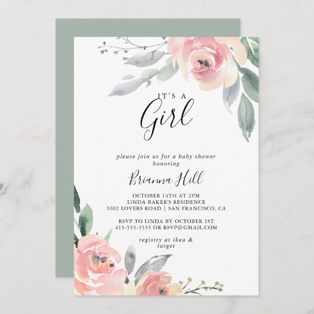 Elegant Pink Blush Floral It's A Girl Baby Shower Invitation (Front/Back)