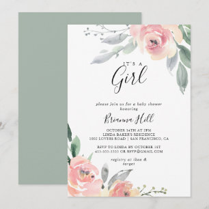 Elegant Pink Blush Floral It's A Girl Baby Shower Invitation