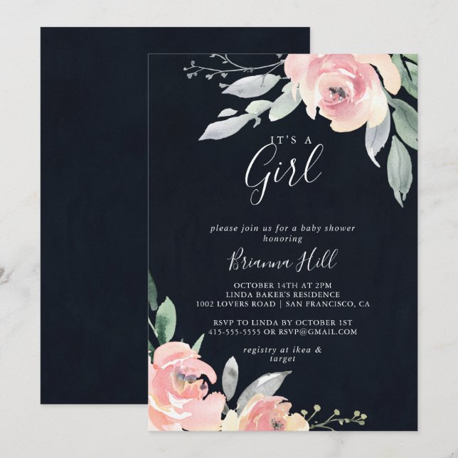 Elegant Pink Blush Floral It's A Girl Baby Shower  Invitation (Front/Back)