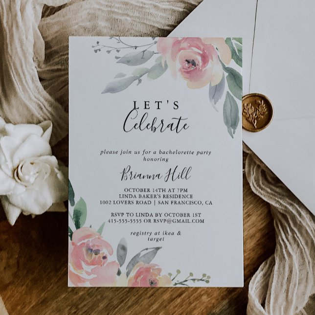 Elegant Pink Blush Floral Let's Celebrate Party Invitation (Creator Uploaded)