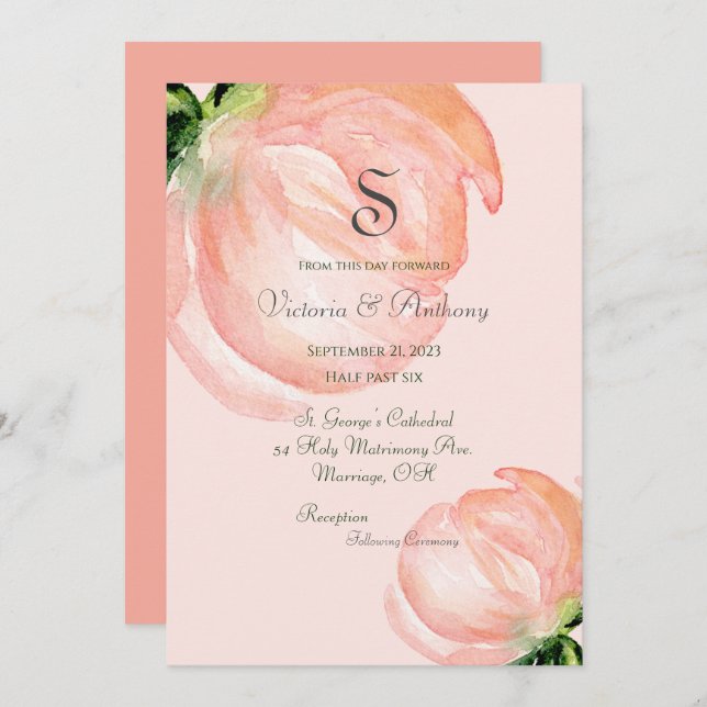 Elegant Pink Blush Floral Monogram Watercolor Invitation (Front/Back)