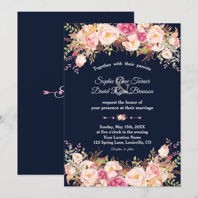 Elegant Pink Blush Floral Navy Blue Wedding Invitation (Front/Back)