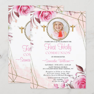 Elegant Pink Blush Floral Photo First Communion  I Invitation