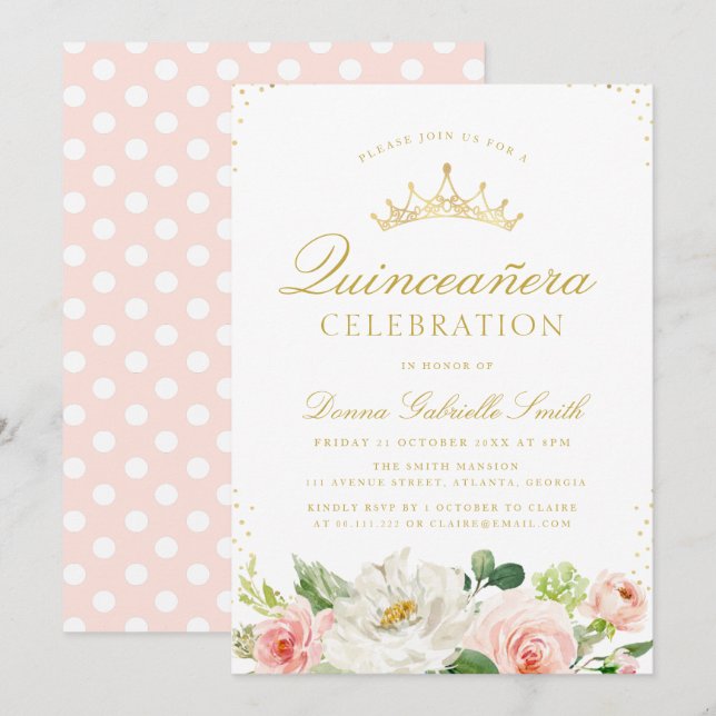Elegant pink blush floral Quinceanera invitation (Front/Back)