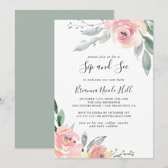 Elegant Pink Blush Floral Sip and See Invitation (Front/Back)