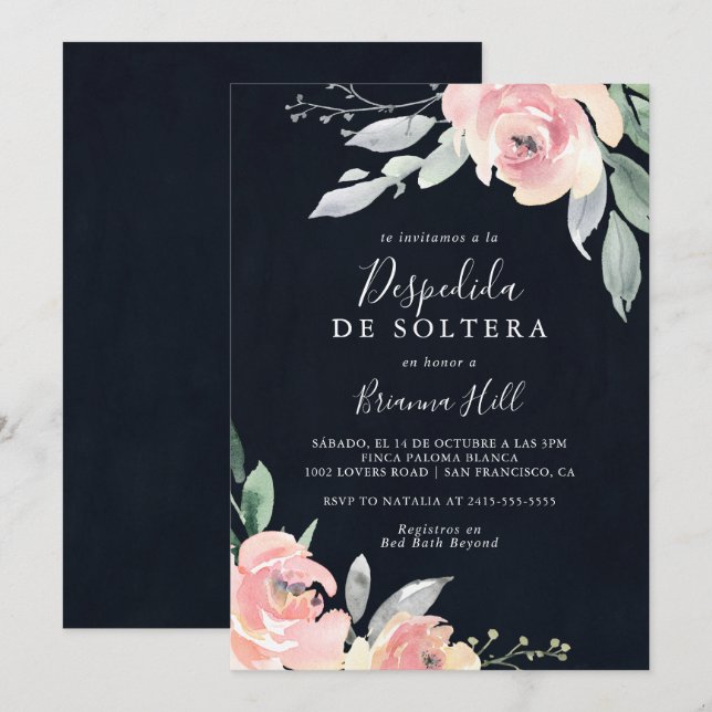 Elegant Pink Blush Floral Spanish Bridal Shower In Invitation (Front/Back)