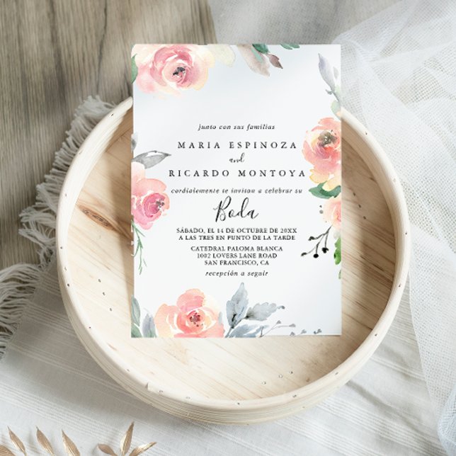Elegant Pink Blush Floral Spanish Wedding Invitation (Creator Uploaded)